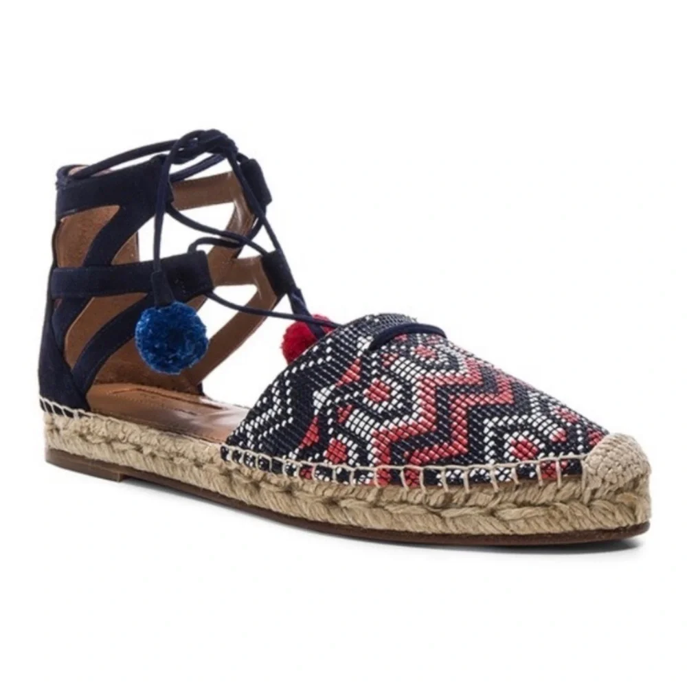 AQUAZZURA Belgravia Blue Suede Pom Pom Raffia Embroidered Woven Espadrilles
